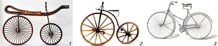 1) Push-bike Draisine, 1825 2) Penny-fathing, ca. 1870s 3) Safety bike 1885